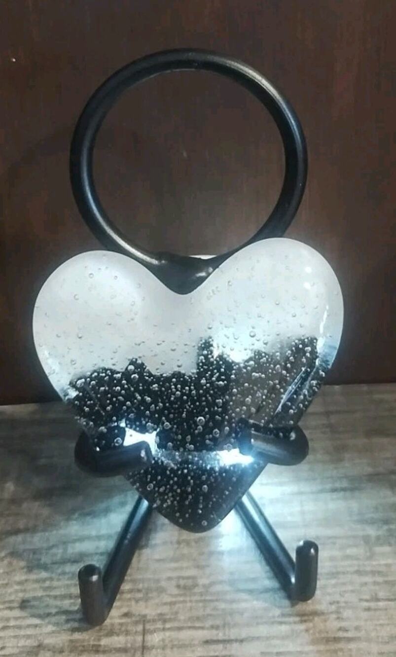 Heart Fused Art Glass On Metal Stand Small Gift Teacher Coworker Black White